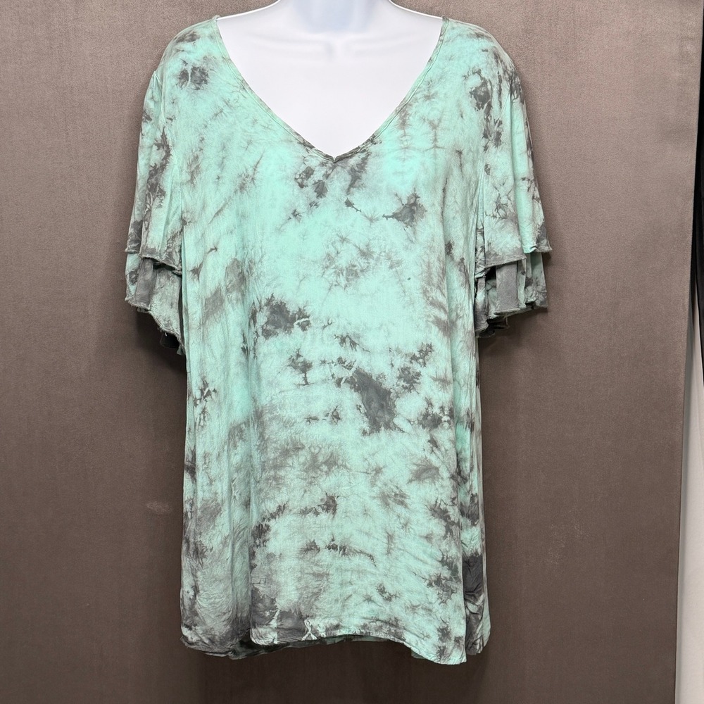 Vtg Y2K T Party Tie Dye Top Womens Small Mint Green V-Neck Flutter Sleeve Rayon